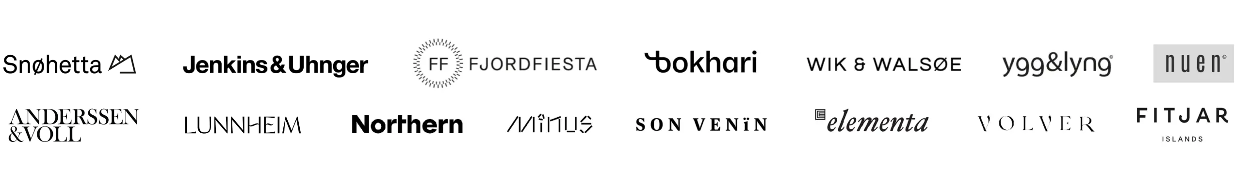 Brands in Novooi: Snøhetta, Fjordfiesta, Jenkins og Uhngar, Bokhari, Wik og Walsøe, Ygg og Lyng, Nuen, Minus, Anderssen og Voll, Lunnheim, Northern, Son Venin, Elementa, Volver, Fitjar Islands