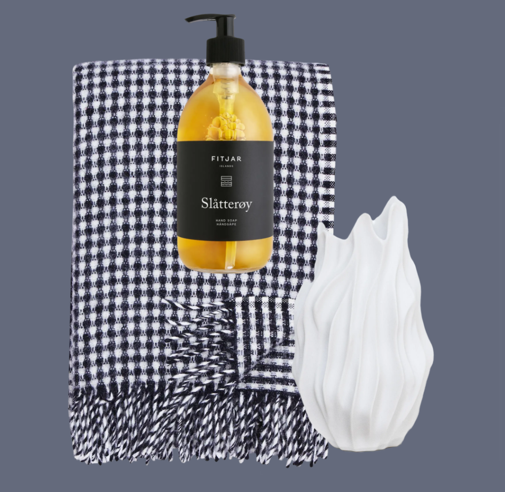 Scarf, hand soap, and vase