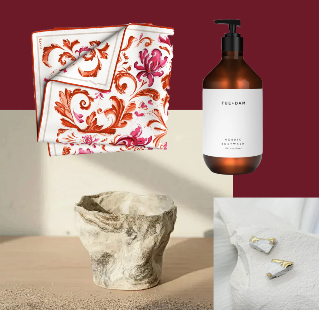Mykle scarves, Tue+Dam hand soap, cup and earrings