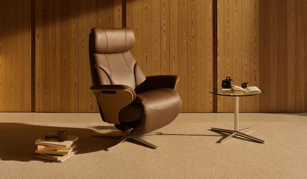 Adam lounge chair produced by Stressless. Modern home and leather lounge chair with metal legs