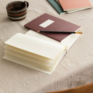 Marit Larsen x All Pine Press notebook lifestyle - colored numbered notebook editions on a table with a coffee mug and pencil