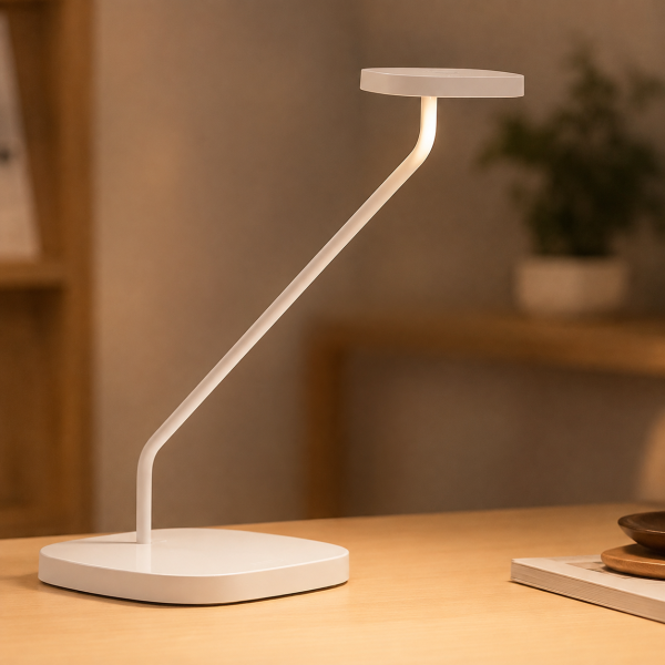 Luxo Trace desk lamp in White – lifestyle photo on desk Luxo Trace desk lamp in White - lifestyle photo on desk