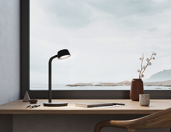 Luxo Motus Mini lifestyle – hotel desk scene Luxo Motus Mini desk lamp - lifestyle photo in hotel room scene