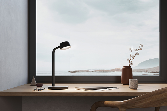 Luxo Motus Mini desk lamp - lifestyle photo in hotel room scene