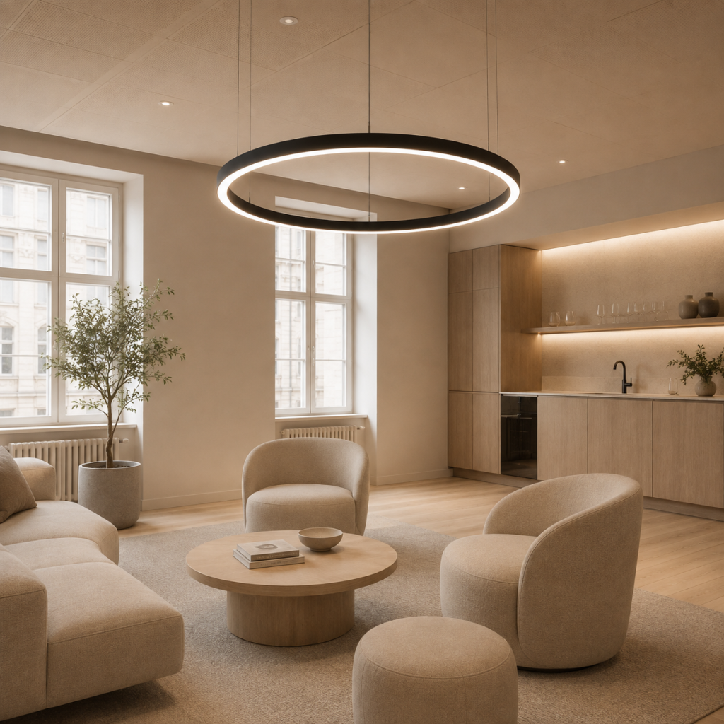 Luxo FX65 Flow linear pendant light installed in an office setting