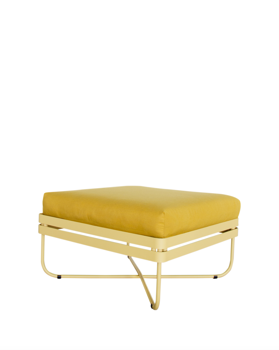 Ygg & Lyng Bris outdoor sofa 70x70 ottoman/chaise module with Summer Yellow frame / Hispano Sun cushion – studio photo on white background