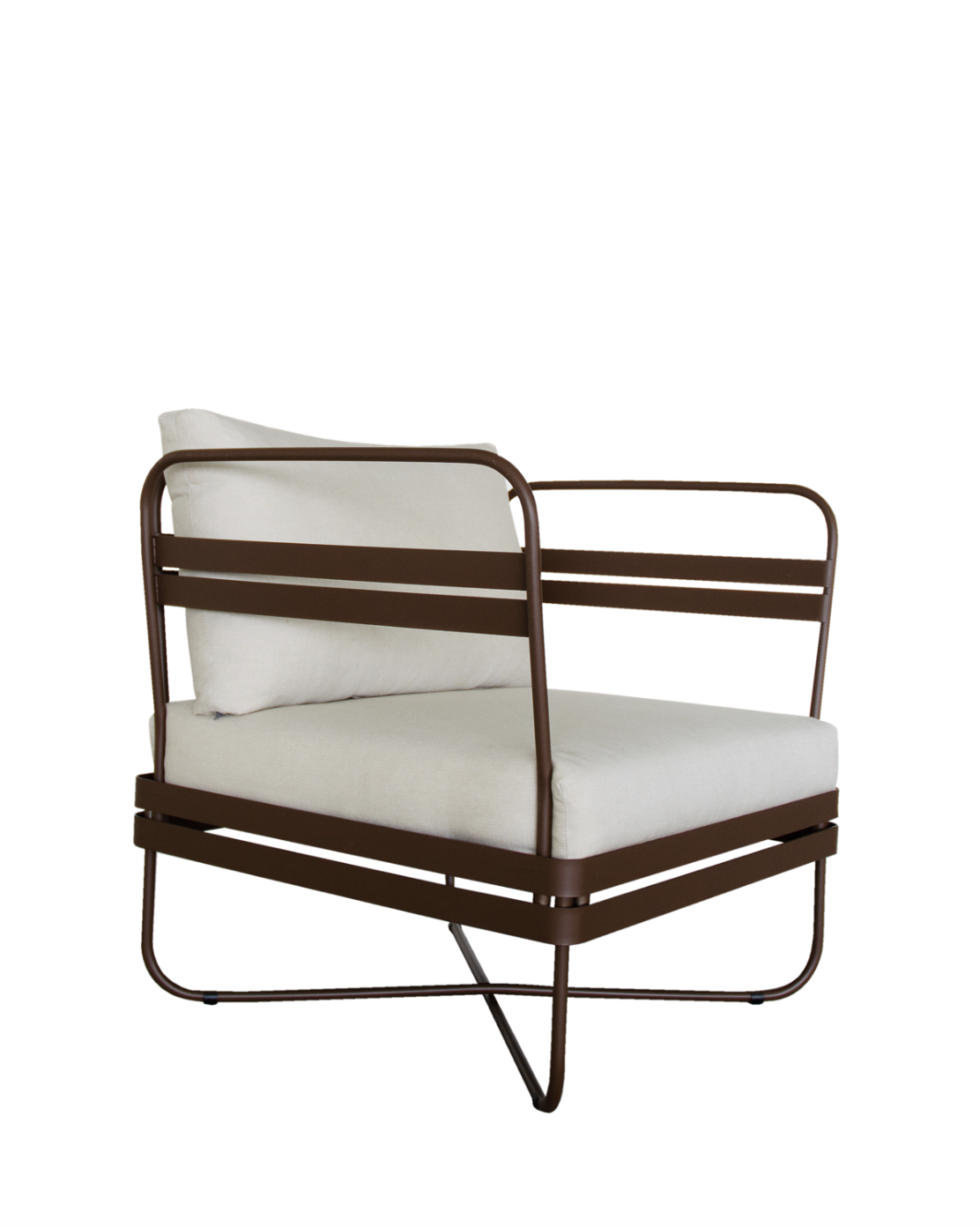 Ygg & Lyng Bris outdoor sofa chair module with Earth Brown frame / Cerdaline Nature cushion – studio photo on white background