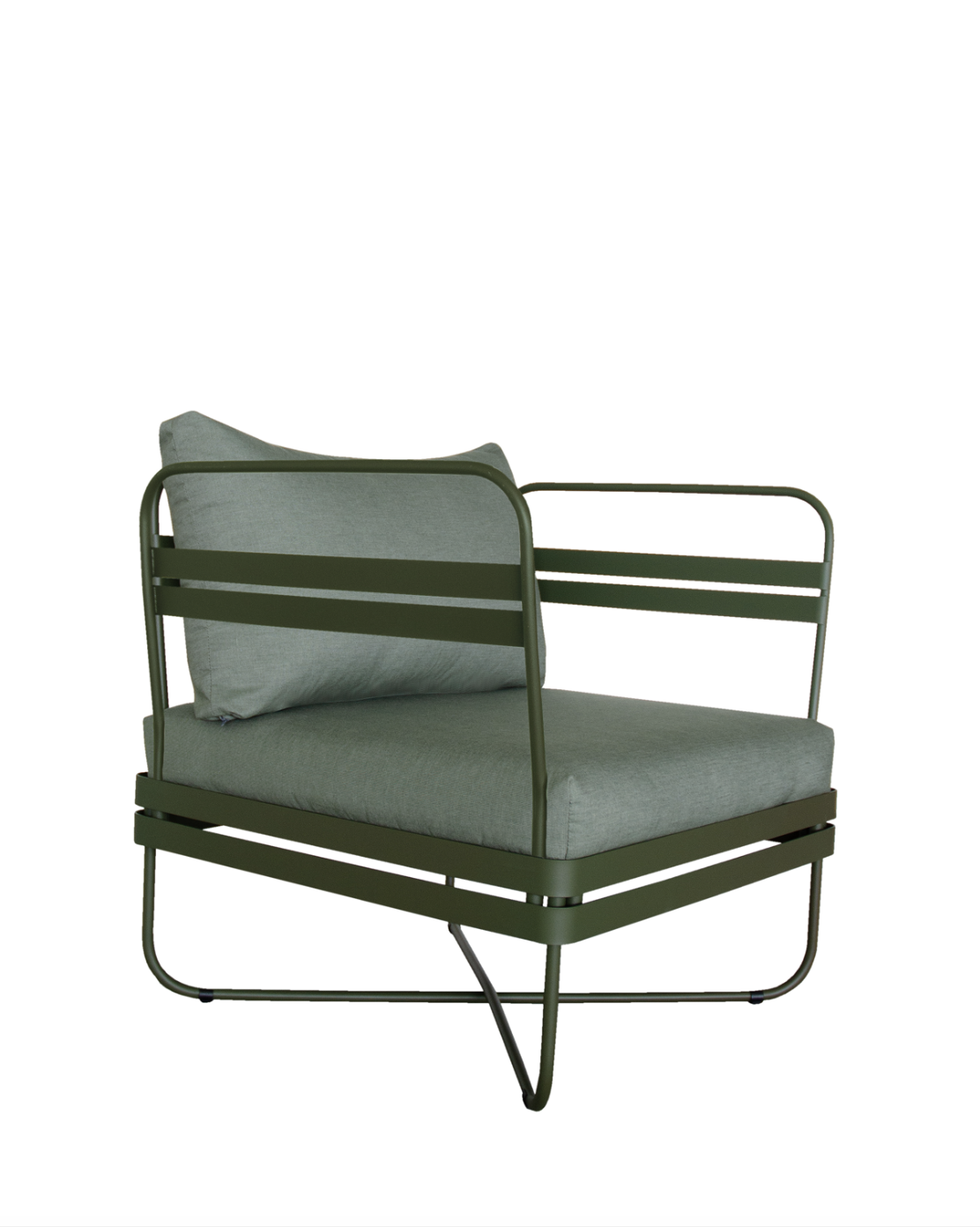 Ygg & Lyng Bris outdoor sofa chair module with Deep Olive frame / Hispano Grass cushion – studio photo on white background