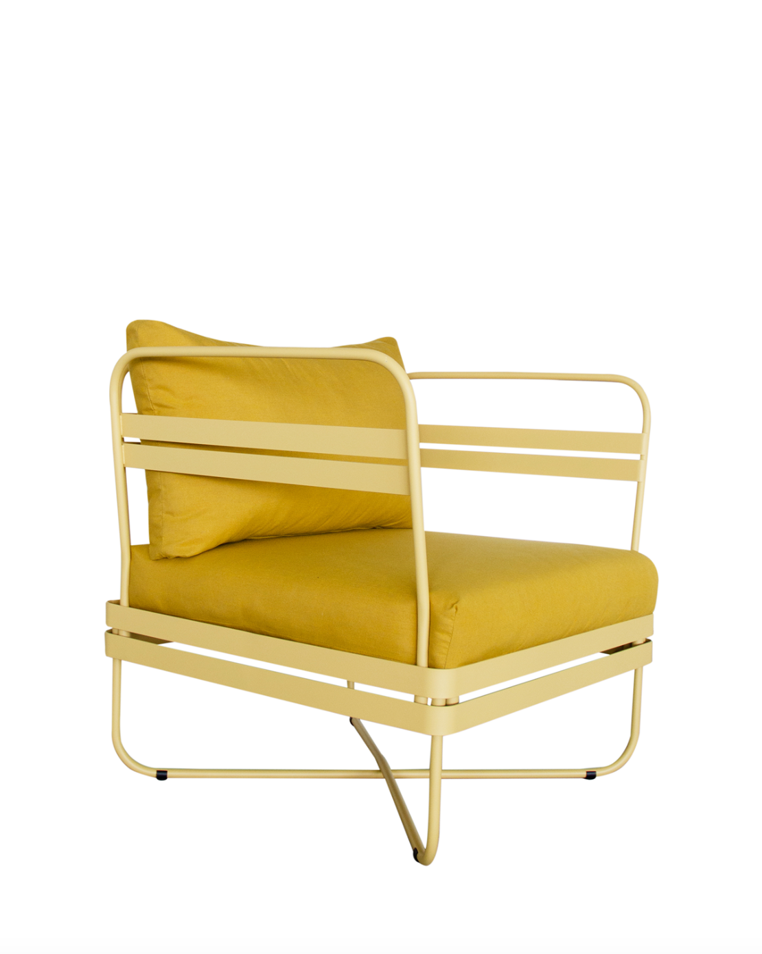 Ygg & Lyng Bris outdoor sofa chair module with Summer Yellow frame / Hispano Sun cushion – studio photo on white background