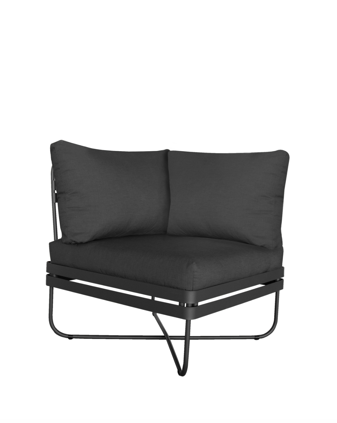 Ygg & Lyng Bris outdoor sofa corner module with Black frame / Panama Shadow cushion – studio photo on white background