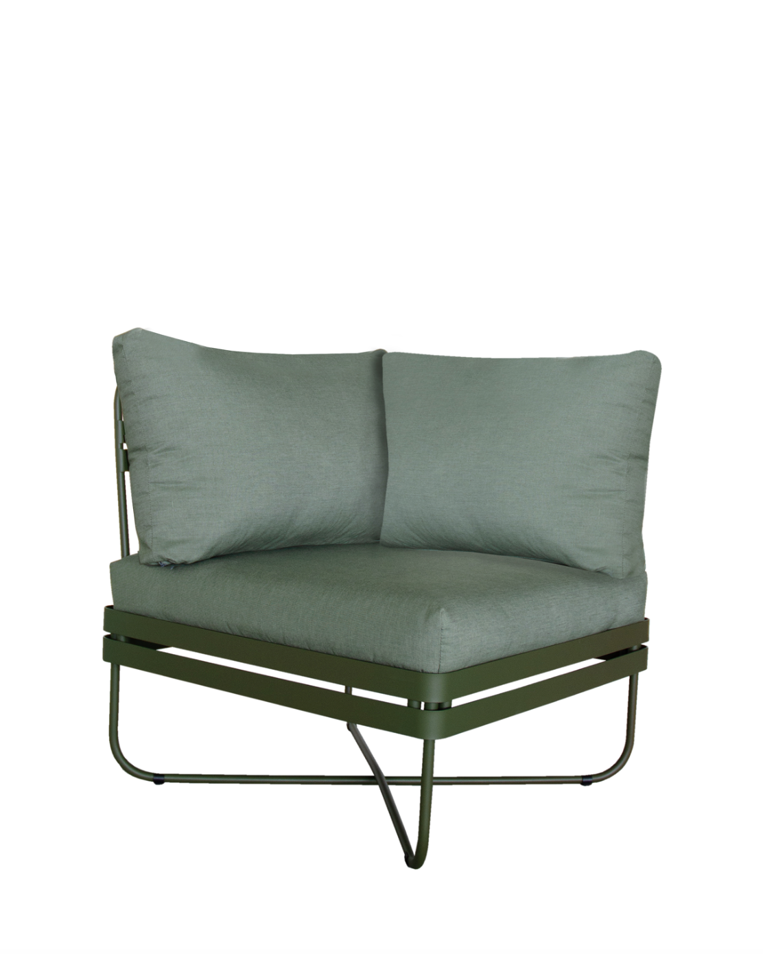 Ygg & Lyng Bris outdoor sofa corner module with Deep Olive frame / Hispano Grass cushion – studio photo on white background