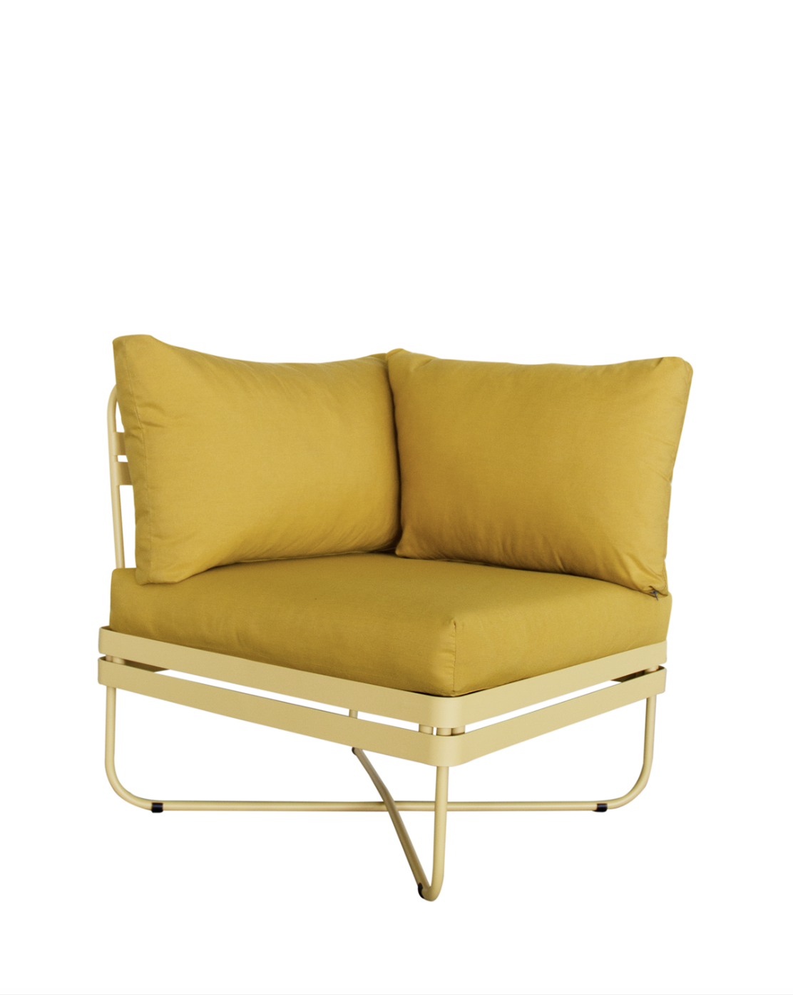 Ygg & Lyng Bris outdoor sofa corner module with Summer Yellow frame / Hispano Sun cushion – studio photo on white background