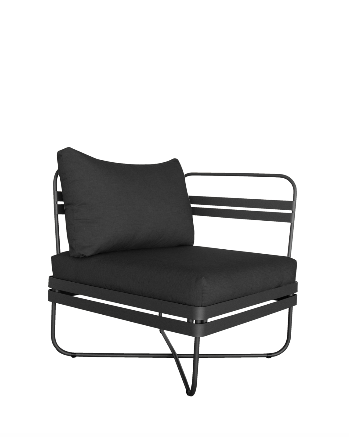 Ygg & Lyng Bris outdoor sofa end module with Black frame / Panama Shadow cushion – studio photo on white background