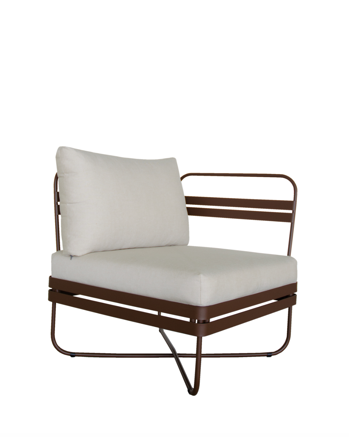 Ygg & Lyng Bris outdoor sofa end module with Earth Brown frame / Cerdaline Nature cushion – studio photo on white background