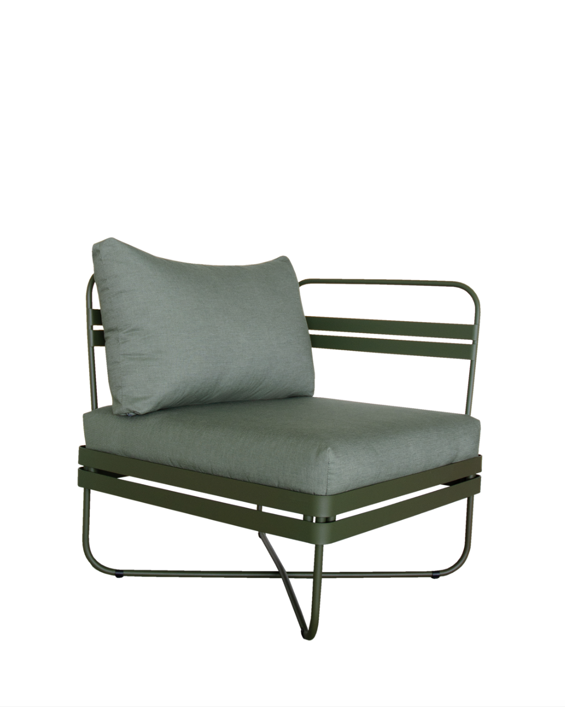 Ygg & Lyng Bris outdoor sofa end module with Deep Olive frame / Hispano Grass cushion – studio photo on white background