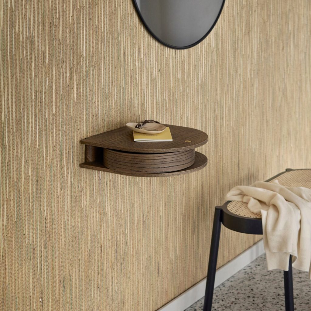 Valet Wall Drawer in smoked oak mounted in a hallway