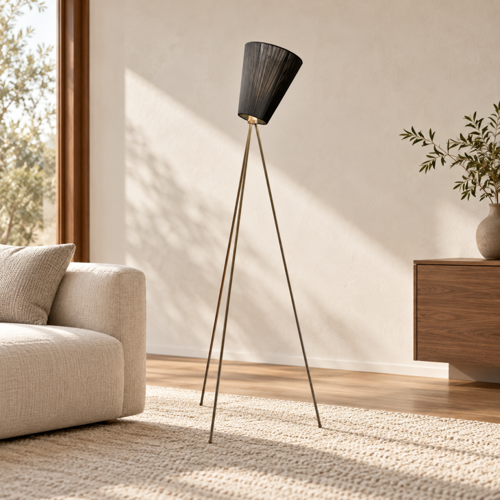 Oslo Wood gulvlampe, sort og stål, fra Northern